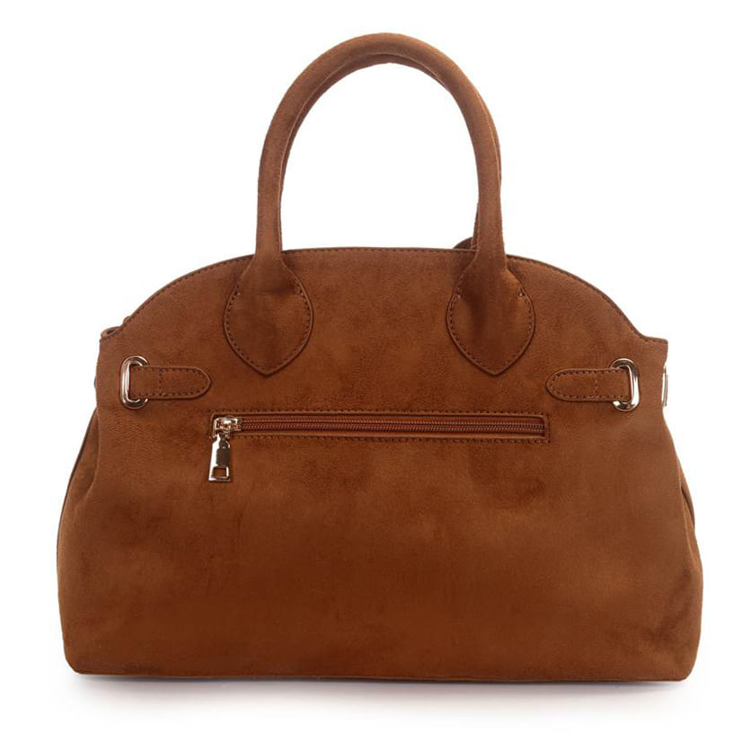 Bolsa WJ caramelo vista traseira com zíper externo e detalhes metálicos